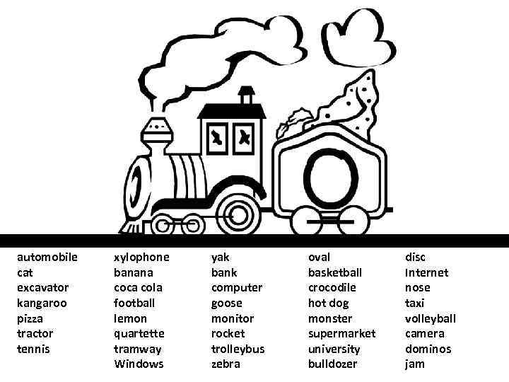 automobile cat excavator kangaroo pizza tractor tennis xylophone banana coca cola football lemon quartette