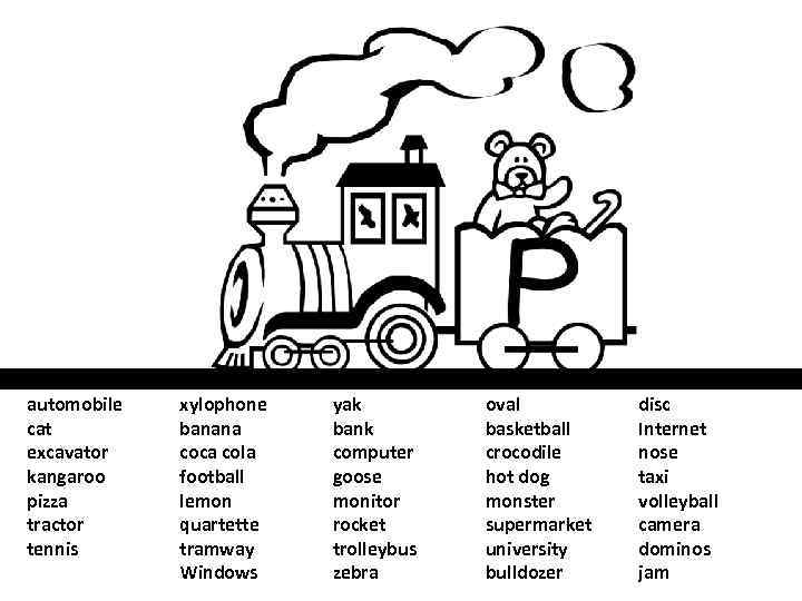 automobile cat excavator kangaroo pizza tractor tennis xylophone banana coca cola football lemon quartette