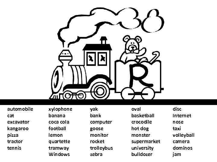 automobile cat excavator kangaroo pizza tractor tennis xylophone banana coca cola football lemon quartette
