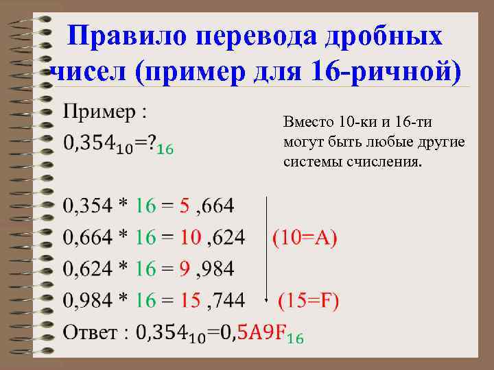 Правило перевода дробных чисел (пример для 16 -ричной) • Вместо 10 -ки и 16