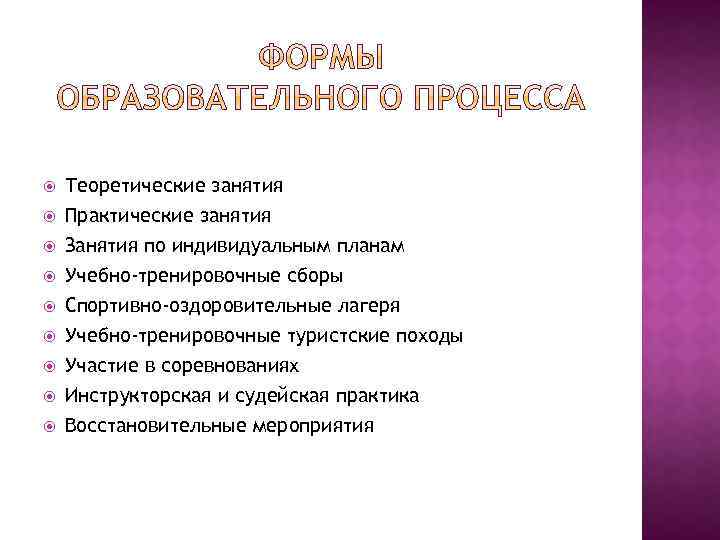  Теоретические занятия Практические занятия Занятия по индивидуальным планам Учебно-тренировочные сборы Спортивно-оздоровительные лагеря Учебно-тренировочные