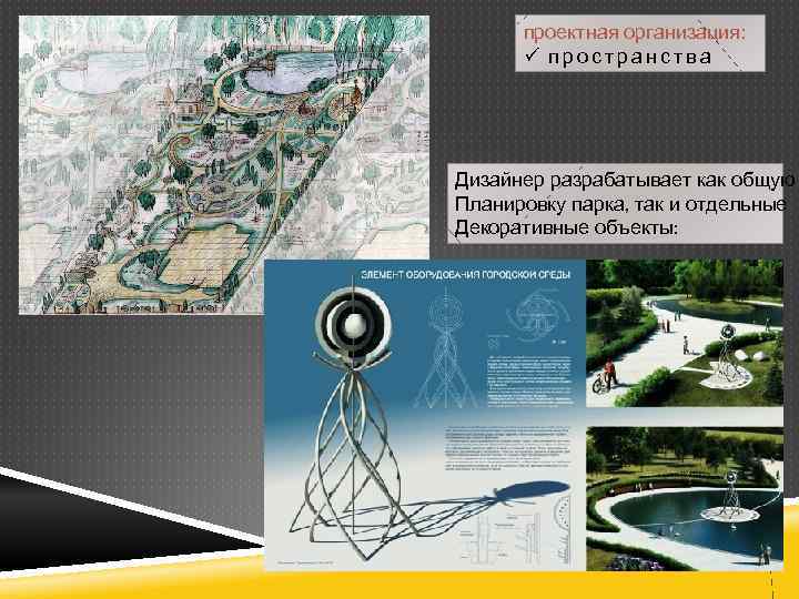 проектная организация: ü пространства Дизайнер разрабатывает как общую Планировку парка, так и отдельные Декоративные