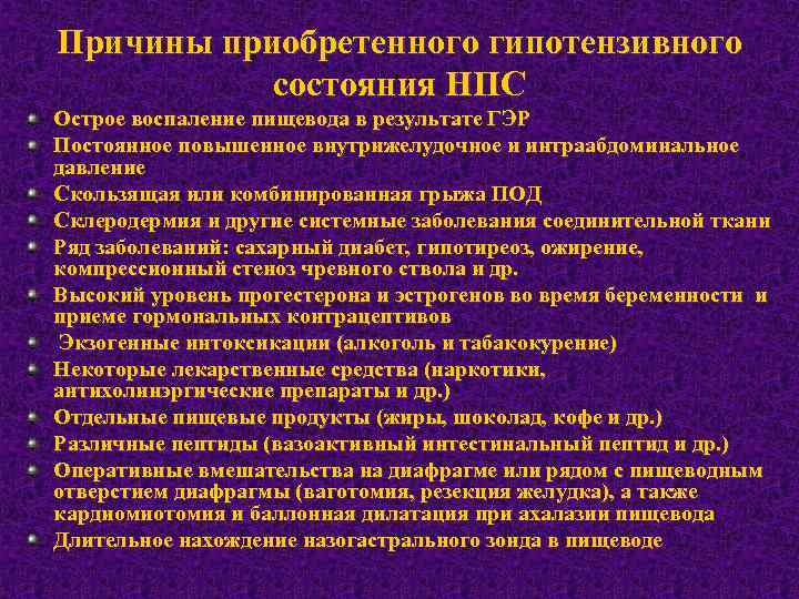 Причины приобретенного гипотензивного состояния НПС Острое воспаление пищевода в результате ГЭР Постоянное повышенное внутрижелудочное