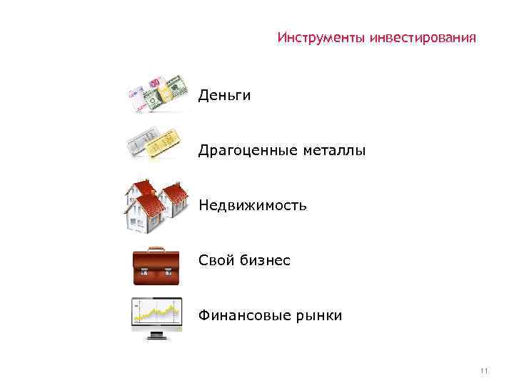 Инструменты инвестирования Деньги Драгоценные металлы Недвижимость Свой бизнес Финансовые рынки 11 