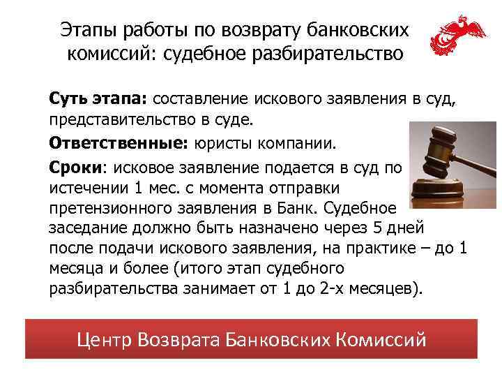 Этапы работы по возврату банковских комиссий: судебное разбирательство Суть этапа: составление искового заявления в