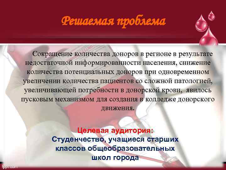 Решаемая проблема Сокращение количества доноров в регионе в результате недостаточной информированности населения, снижение количества