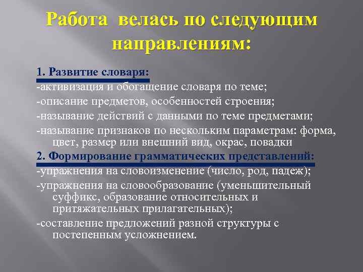 Работа велась по следующим направлениям: 1. Развитие словаря: -активизация и обогащение словаря по теме;