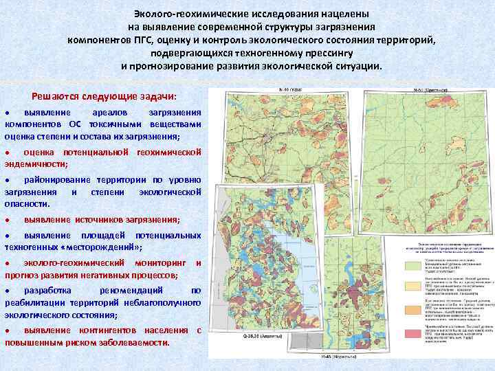 Эколого-геохимические исследования нацелены на выявление современной структуры загрязнения компонентов ПГС, оценку и контроль экологического