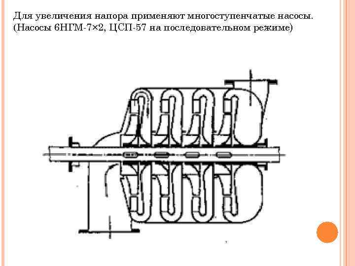 Для увеличения напора применяют многоступенчатые насосы. (Насосы 6 НГМ-7× 2, ЦСП-57 на последовательном режиме)