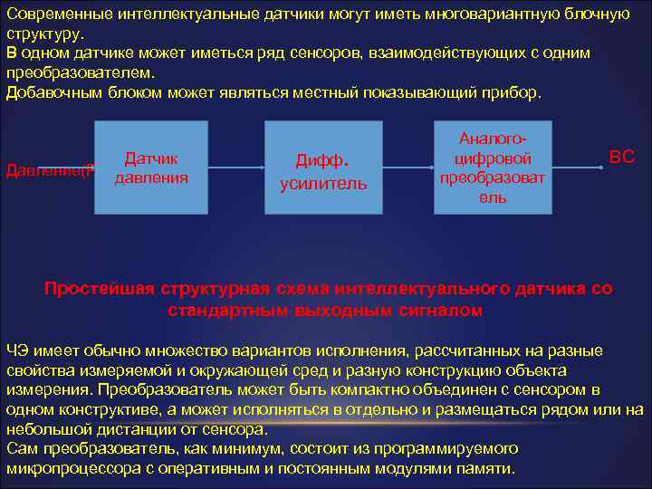 Современные интеллектуальные датчики могут иметь многовариантную блочную структуру. В одном датчике может иметься ряд
