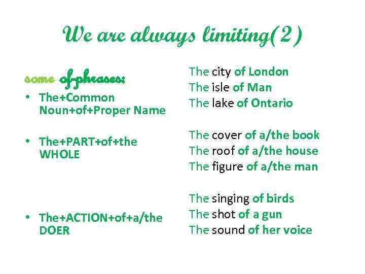 We are always limiting(2) some of-phrases: • The+Common Noun+of+Proper Name • The+PART+of+the WHOLE •