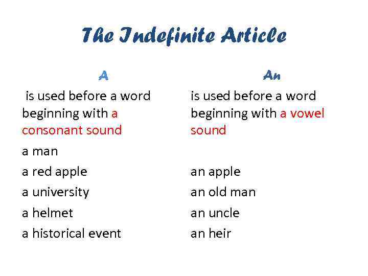 The Indefinite Article A is used before a word beginning with a consonant sound