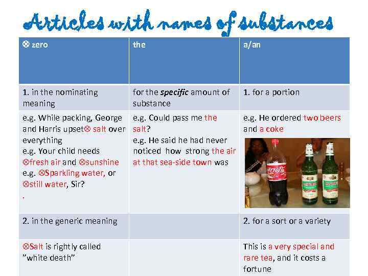 Articles with names of substances zero the a/an 1. in the nominating meaning for