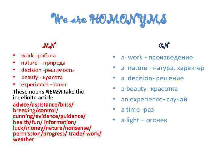 We are HOMONYMS MN • work - работа • nature – природа • decision