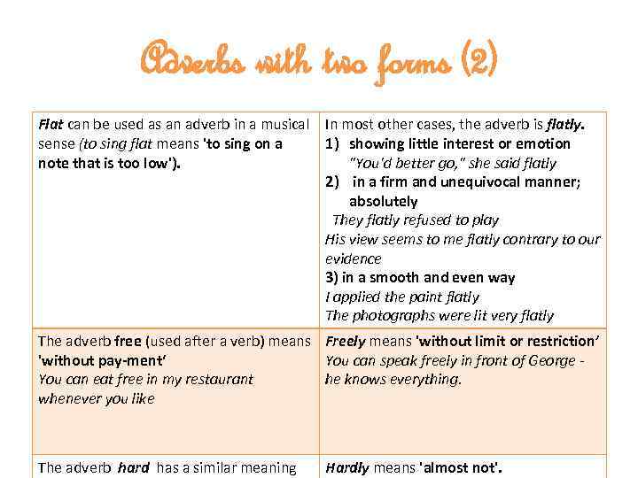 Adverbs with two forms (2) Flat can be used as an adverb in a