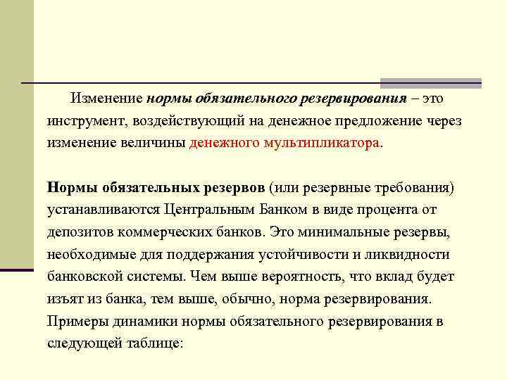 Изменение нормы обязательного резервирования – это инструмент, воздействующий на денежное предложение через изменение