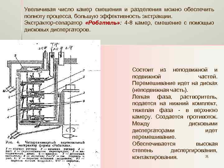 Увеличивая число камер смешения и разделения можно обеспечить полноту процесса, большую эффективность экстракции. Экстрактор-сепаратор