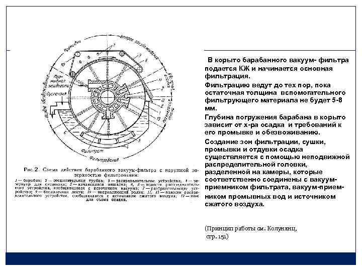 В корыто барабанного вакуум- фильтра подается КЖ и начинается основная фильтрация. Фильтрацию ведут до