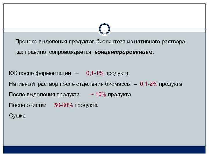Процесс выделения продуктов биосинтеза из нативного раствора, как правило, сопровождается концентрированием. КЖ после ферментации