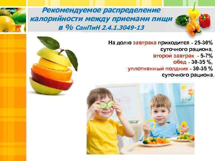 Рекомендуемое распределение калорийности между приемами пищи в % Сан. Пи. Н 2. 4. 1.