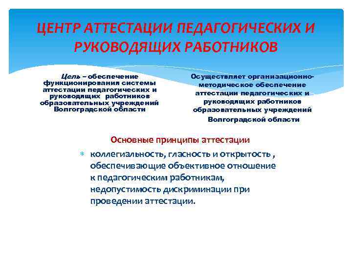 ЦЕНТР АТТЕСТАЦИИ ПЕДАГОГИЧЕСКИХ И РУКОВОДЯЩИХ РАБОТНИКОВ Цель – обеспечение функционирования системы аттестации педагогических и