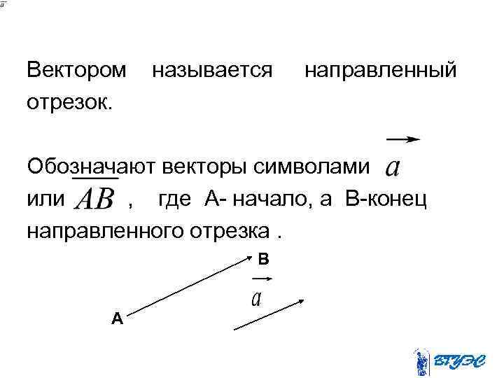  Вектором называется направленный отрезок. Обозначают векторы символами или , где А- начало, а