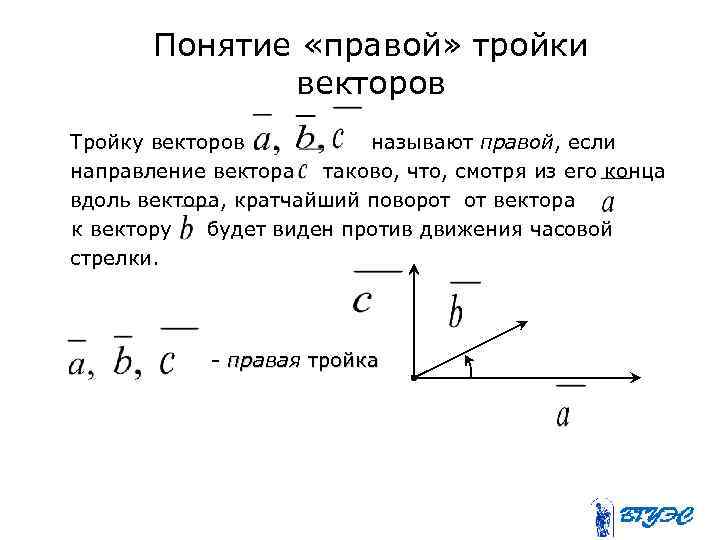Понятие «правой» тройки векторов Тройку векторов называют правой, если направление вектора таково, что, смотря