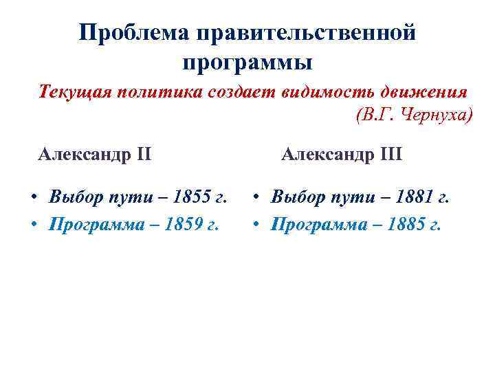 Проблема правительственной программы Текущая политика создает видимость движения (В. Г. Чернуха) Александр II •