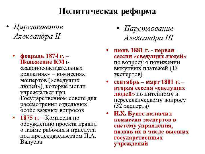 Политическая реформа • Царствование Александра II • февраль 1874 г. – Положение КМ о