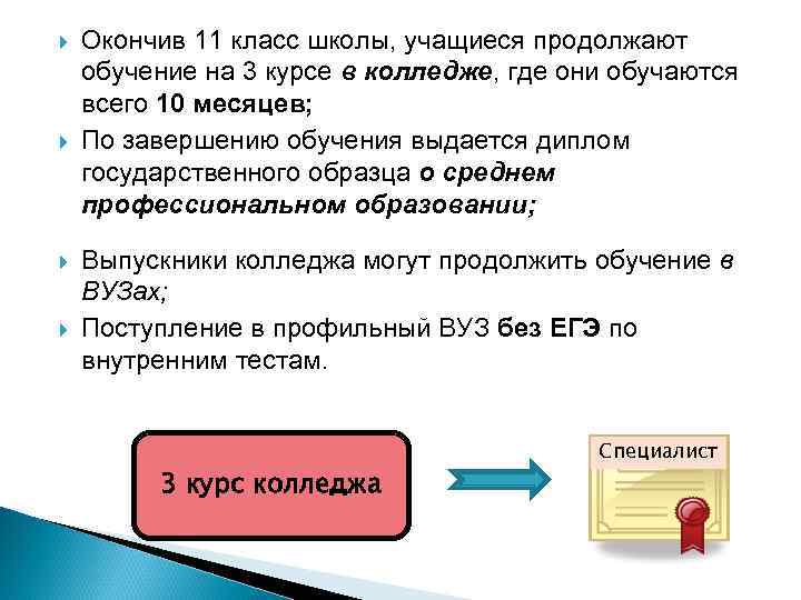  Окончив 11 класс школы, учащиеся продолжают обучение на 3 курсе в колледже, где