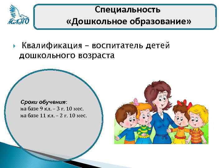 Специальность «Дошкольное образование» « Квалификация – воспитатель детей дошкольного возраста Сроки обучения: на базе