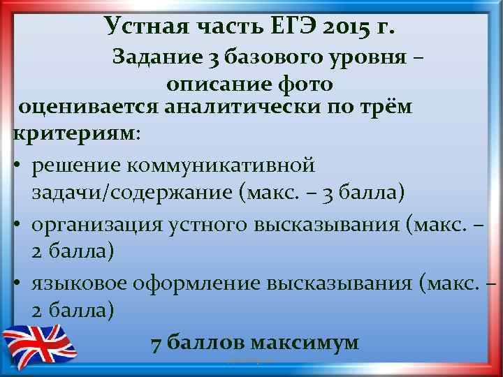 Устная часть ЕГЭ 2015 г. Задание 3 базового уровня – описание фото оценивается аналитически