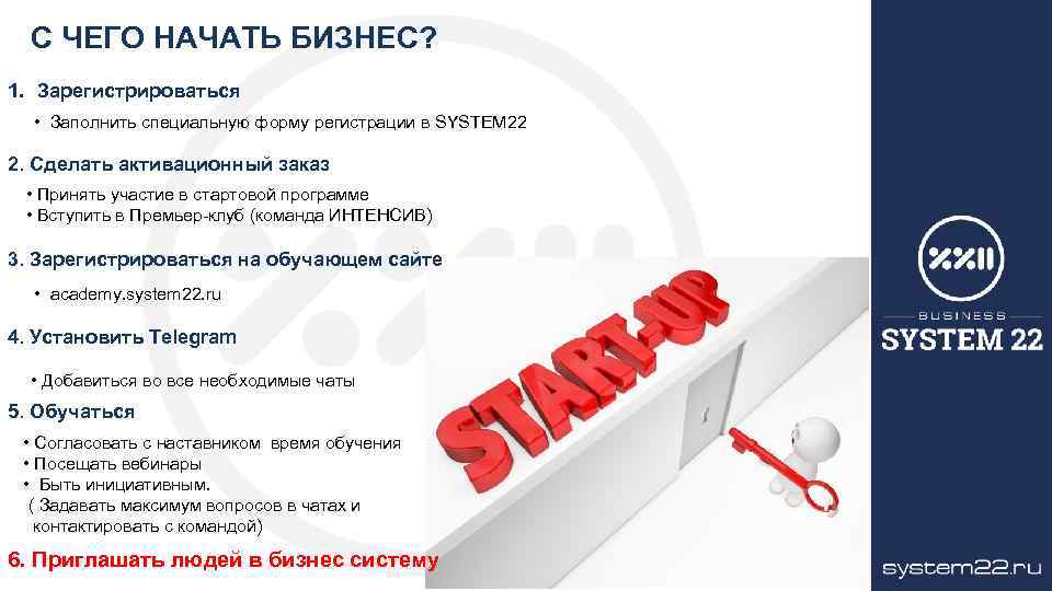 С ЧЕГО НАЧАТЬ БИЗНЕС? 1. Зарегистрироваться • Заполнить специальную форму регистрации в SYSTEM 22