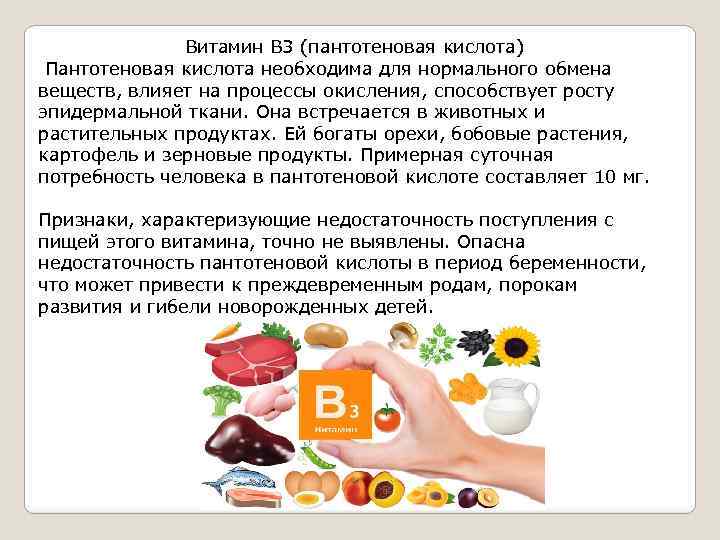  Витамин В 3 (пантотеновая кислота) Пантотеновая кислота необходима для нормального обмена веществ, влияет