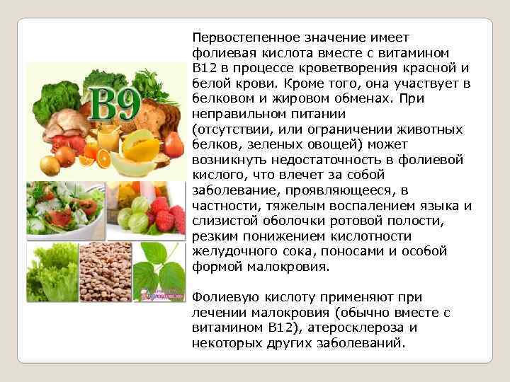 Первостепенное значение имеет фолиевая кислота вместе с витамином В 12 в процессе кроветворения красной