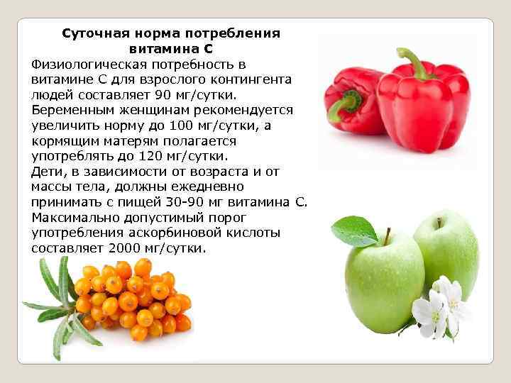 Суточная норма потребления витамина С Физиологическая потребность в витамине С для взрослого контингента людей