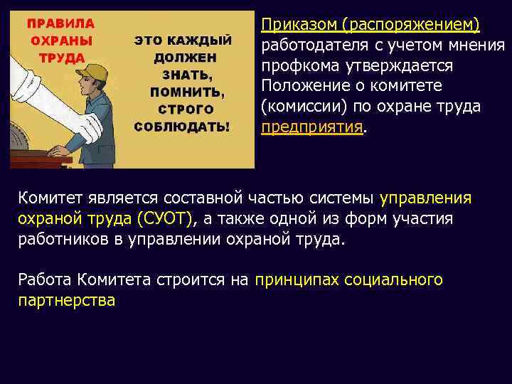 Приказом (распоряжением) работодателя с учетом мнения профкома утверждается Положение о комитете (комиссии) по охране