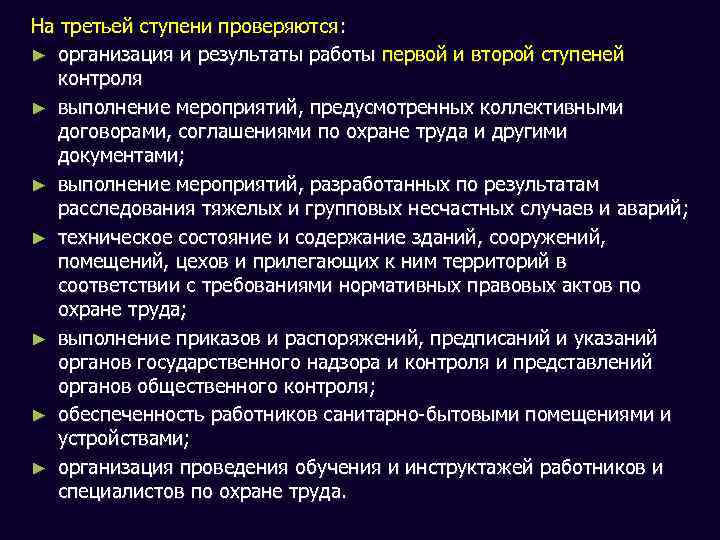 На третьей ступени проверяются: ► организация и результаты работы первой и второй ступеней контроля