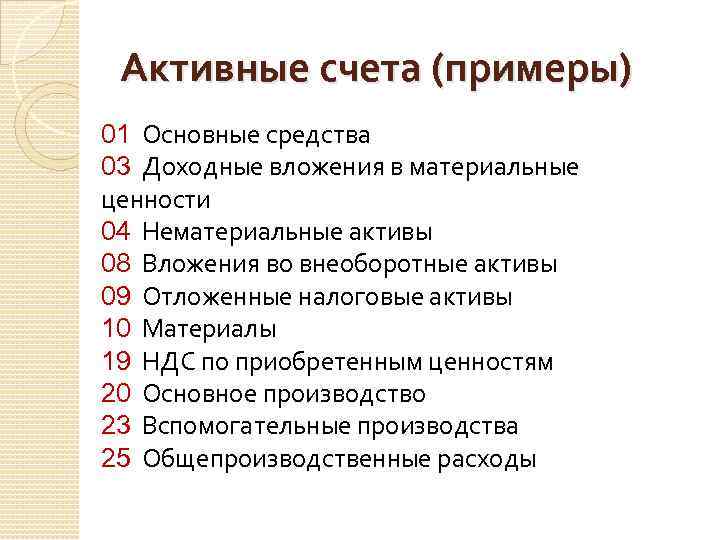 Активные счета (примеры) 01 Основные средства 03 Доходные вложения в материальные ценности 04 Нематериальные