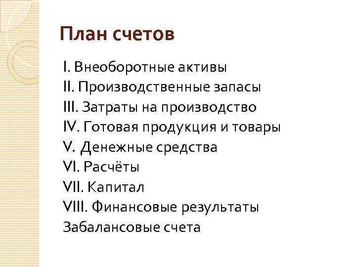 План счетов I. Внеоборотные активы II. Производственные запасы III. Затраты на производство IV. Готовая