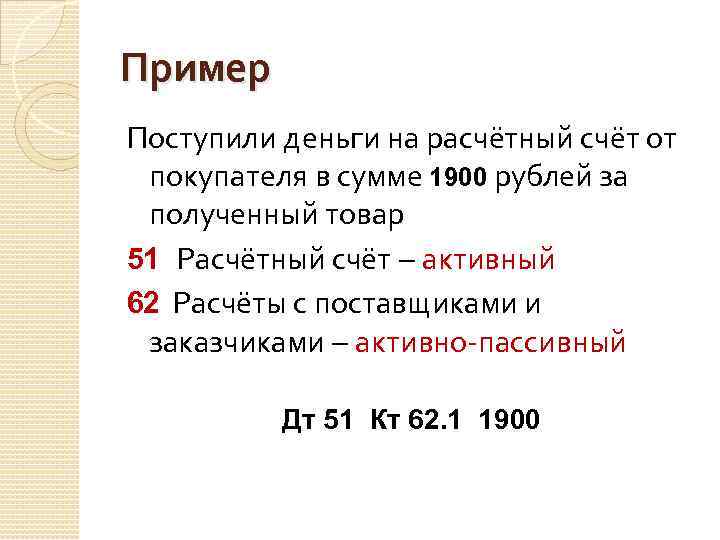 Пример Поступили деньги на расчётный счёт от покупателя в сумме 1900 рублей за полученный