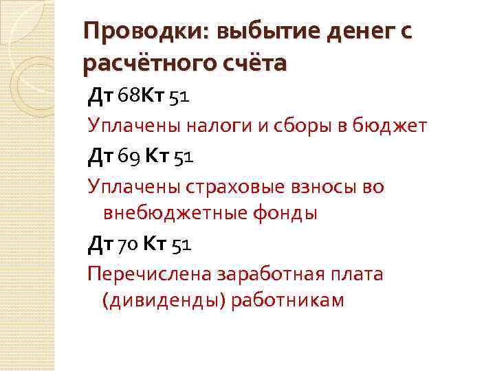 Проводки: выбытие денег с расчётного счёта Дт 68 Кт 51 Уплачены налоги и сборы