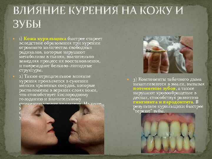ВЛИЯНИЕ КУРЕНИЯ НА КОЖУ И ЗУБЫ 1) Кожа курильщика быстрее стареет вследствие образования при