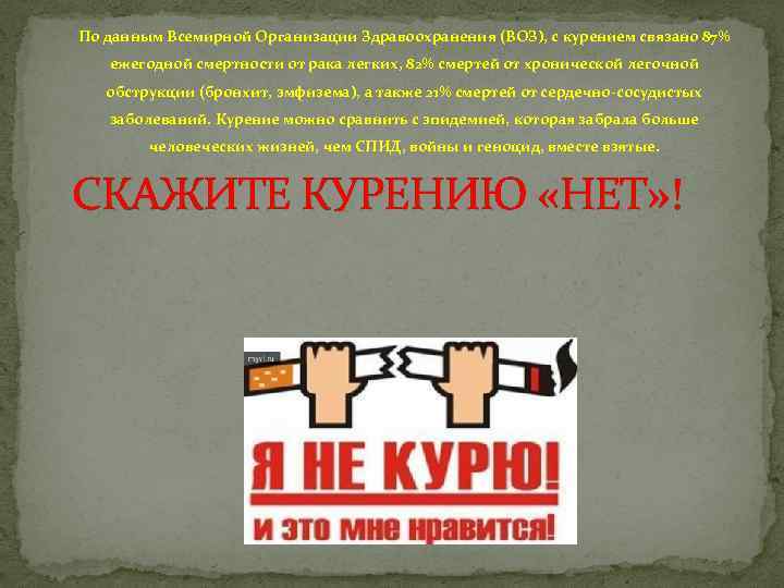 По данным Всемирной Организации Здравоохранения (ВОЗ), с курением связано 87% ежегодной смертности от рака