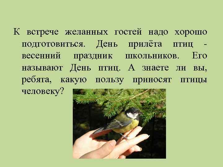 К встрече желанных гостей надо хорошо подготовиться. День прилёта птиц весенний праздник школьников. Его