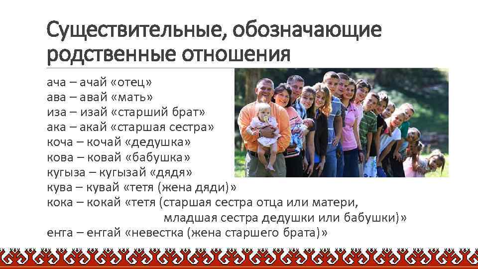 Существительные, обозначающие родственные отношения ача – ачай «отец» ава – авай «мать» иза –