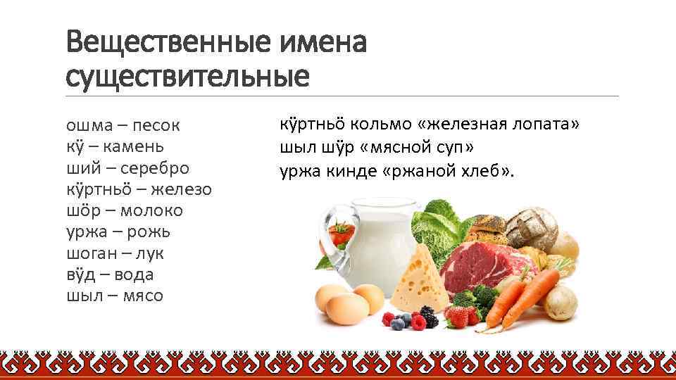Вещественные имена существительные ошма – песок кӱ – камень ший – серебро кӱртньӧ –