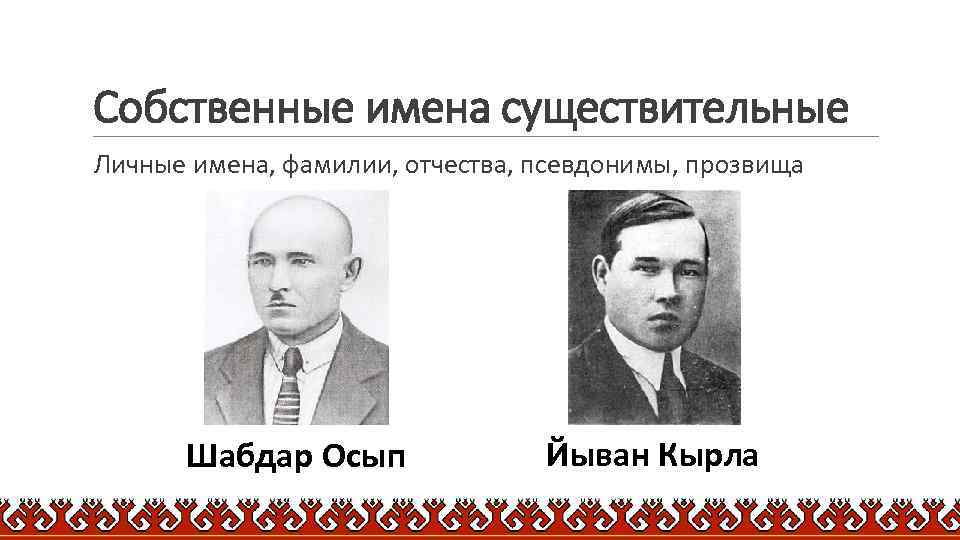 Собственные имена существительные Личные имена, фамилии, отчества, псевдонимы, прозвища Шабдар Осып Йыван Кырла 