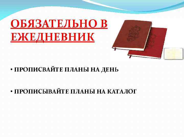 ОБЯЗАТЕЛЬНО В ЕЖЕДНЕВНИК • ПРОПИСВАЙТЕ ПЛАНЫ НА ДЕНЬ • ПРОПИСЫВАЙТЕ ПЛАНЫ НА КАТАЛОГ 