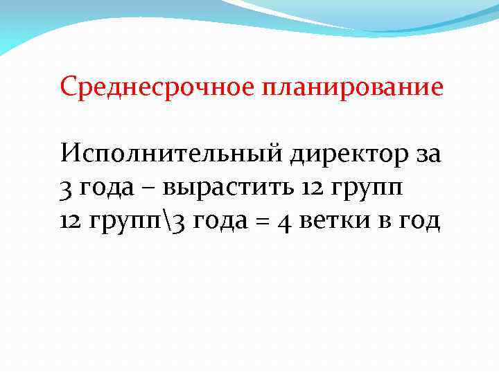 Среднесрочное планирование Исполнительный директор за 3 года – вырастить 12 групп3 года = 4